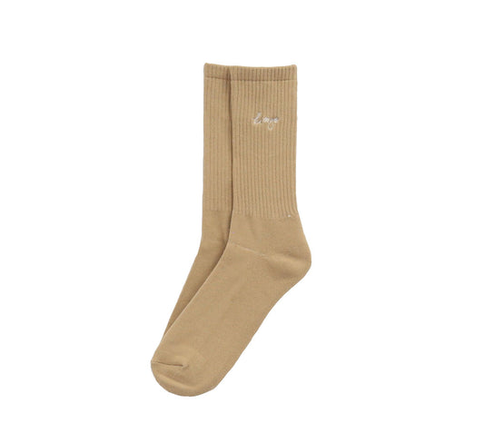 KINGS EMBROIDERED CREW SOCKS, TAN/WHITE